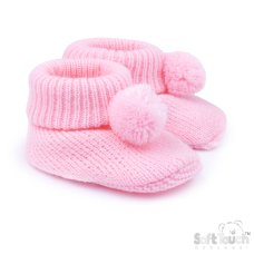 B455-P: Pink Acrylic Bootees with Pom Pom